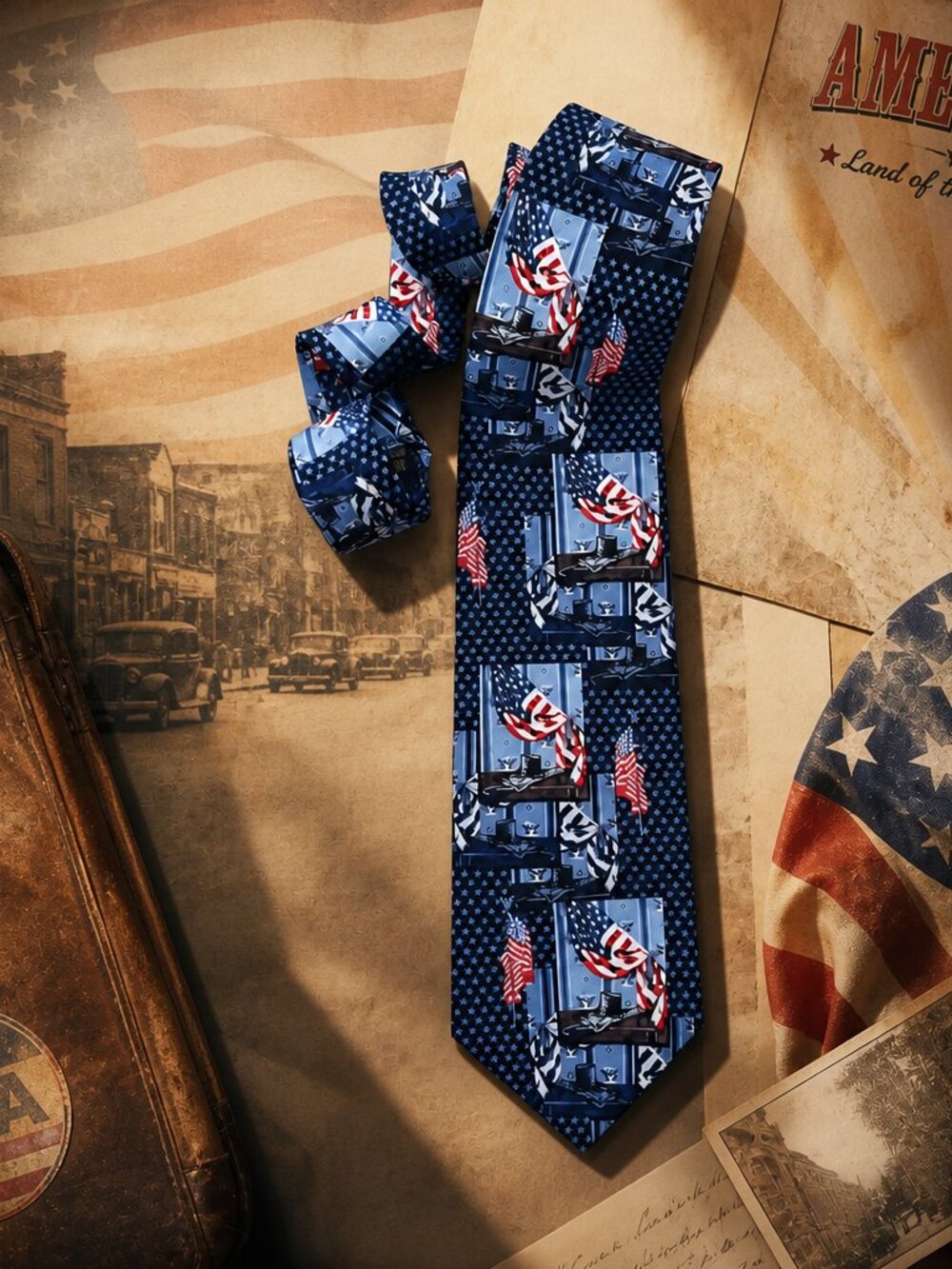 Vintage Saturday Evening Post Patriotic Tie – American Flag & Industrial Motif